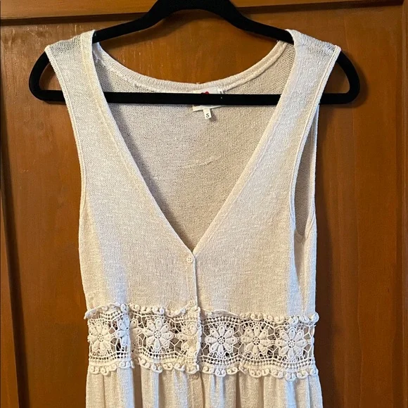 ONE CLOTHING Sleeveless Crochet Cream Knit Maxi Duster Button Resortwear Sweater - Picture 2 of 13